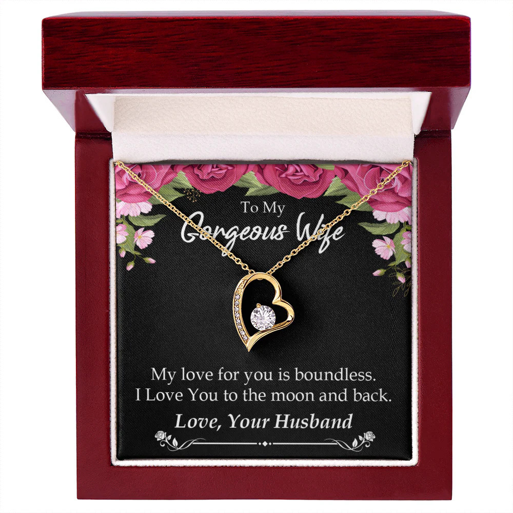 Wife Boundless Love Forever Love CZ Heart Necklace Yellow Gold Luxury Box